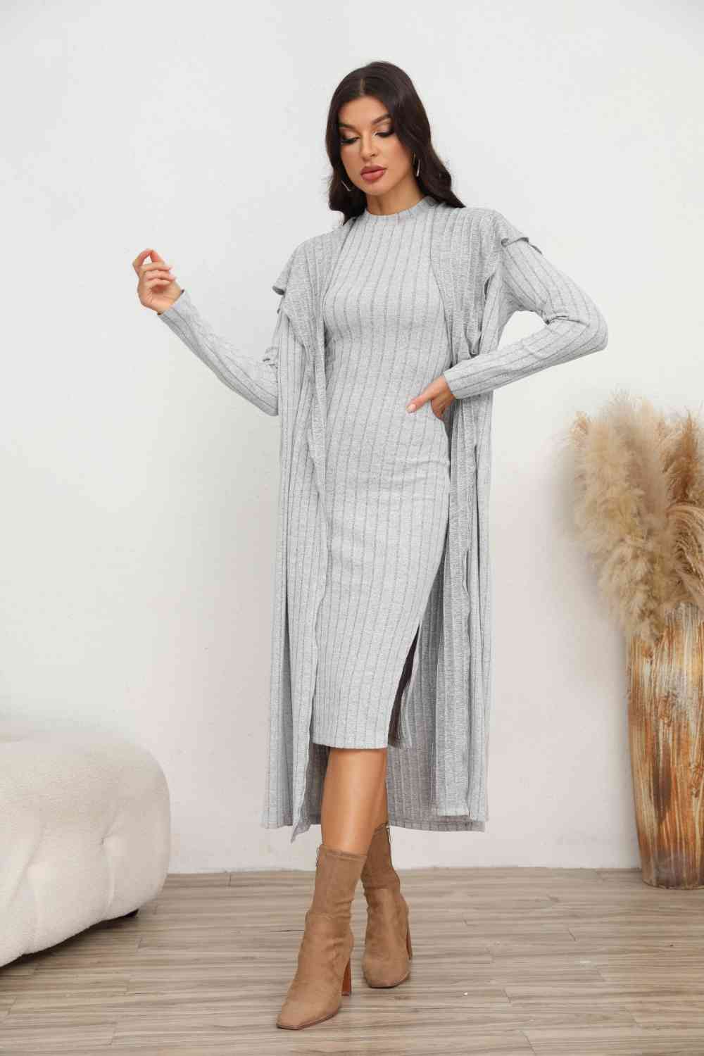 Women's Matching Fashion Set Casual Grey Ribbed Long Sleeve Slit Dress and Longline Cardigan Set