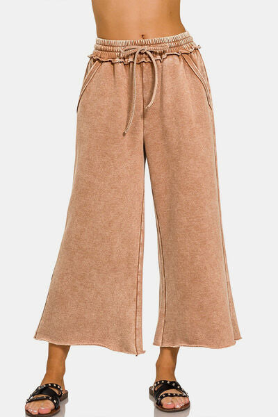 KESLEY Sweatpants Drawstring Acid Wash Fleece Wide Leg Pants