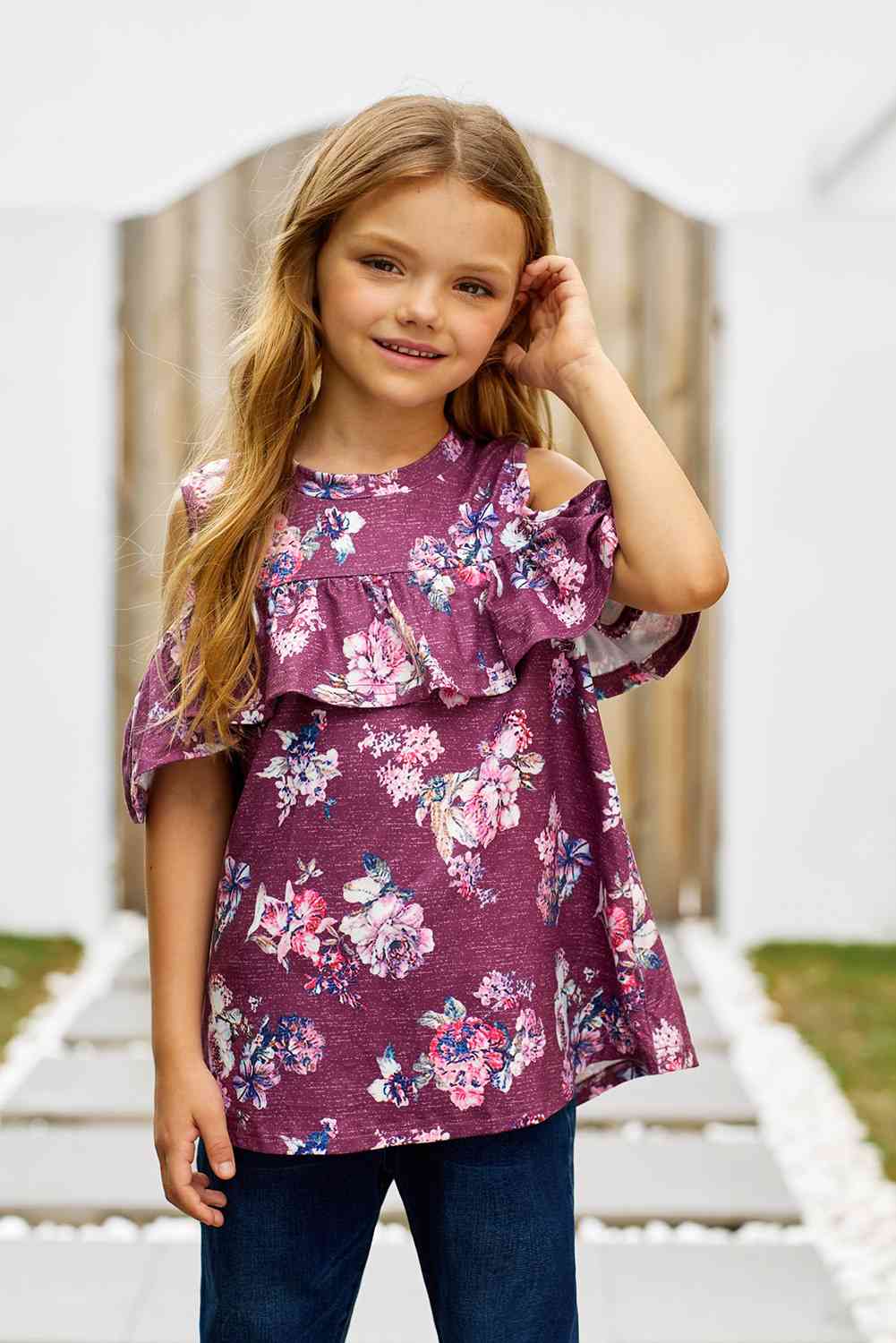 Girls Floral Cold-Shoulder Ruffled Top Kid's Fashion