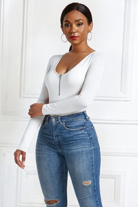 Half Zip Scoop Neck Long Sleeve Top Womens Shirt Bodysuit