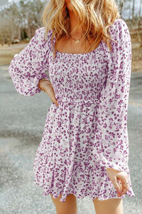 Women’s Dress Smocked Floral Square Neck Balloon Long Sleeve Short Dress