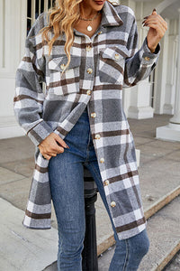 Plaid Button Up Collared Neck Coat Jacket Long Sleeve Button Down Shirt with Pockets