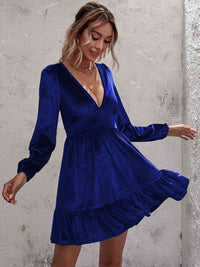 Plunge Long Sleeve Ruffle Hem Velvet Dress