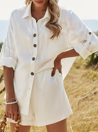 Matching Outfit Set Women's Fashion Texture Button Up Shirt and Shorts Set