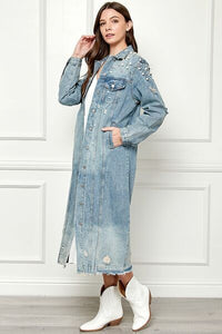 Women's Long Denim Jacket  Distressed Raw Hem Pearl Detail Button Up Light Shacket