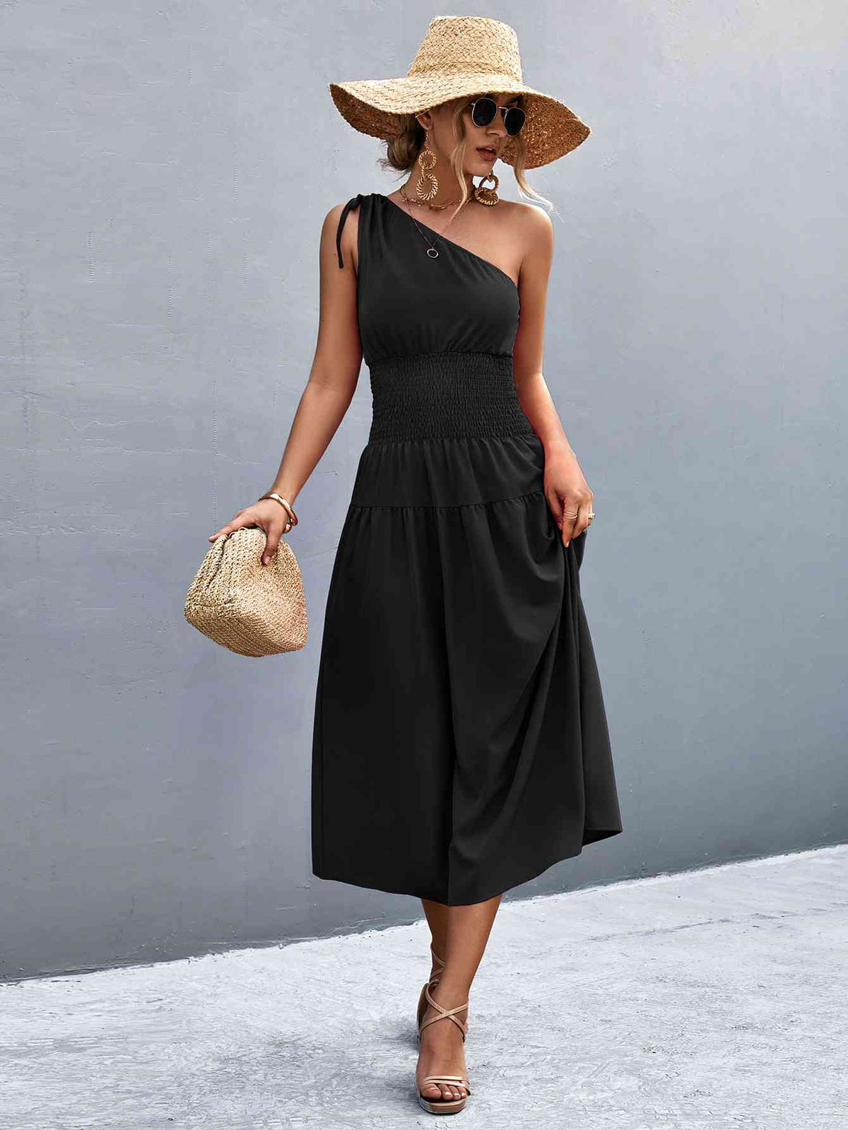 Women's Casual Maxi Dress Asymmetrical One Shoulder Smocked Waist Midi Dress