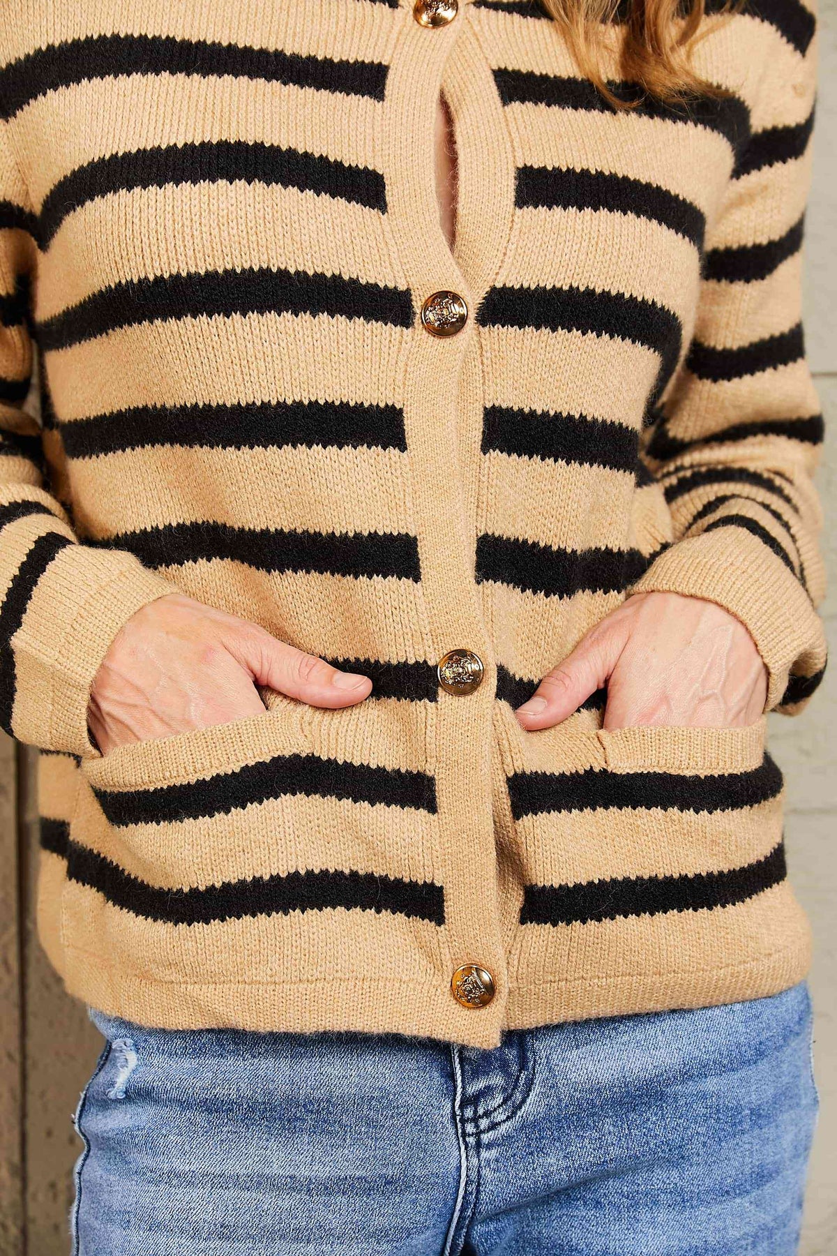 Womens Open Sweater with Buttons Striped Button Front Cardigan