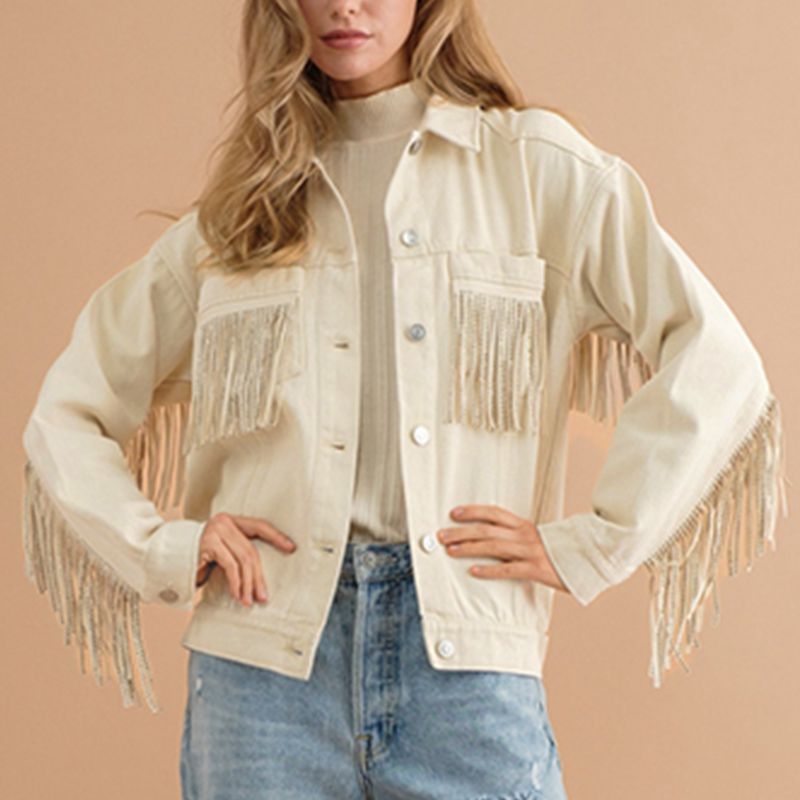 Fringe Denim Jacket Detail Dropped Shoulder Pink Shacket