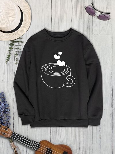 Coffee Lover Fashion Sweater Cup Graphic Round Neck Dropped Shoulder Sweatshirt