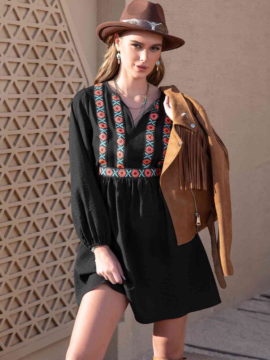 Boho Print Tunic Dress Women's Casual Notched Neck Long Sleeve Printed Mini Dress