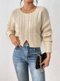 Cable-Knit Slit Drop Shoulder Sweater