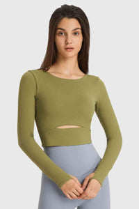 Nylon Workout Shirt Cutout Long Sleeve Cropped Thumbhole Top Women’s Sports Fashion