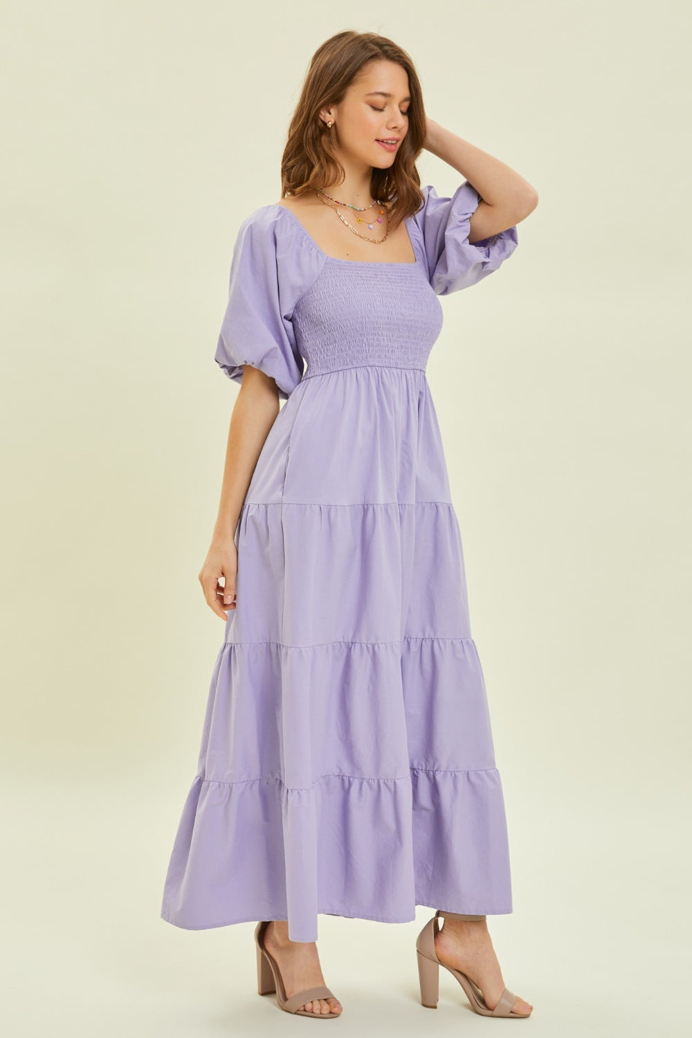 Lilac Puff Sleeve Tiered Ruffled Poplin Long Dress Women's Casual Cotton Short Sleeve Maxi Dresses KESLEY