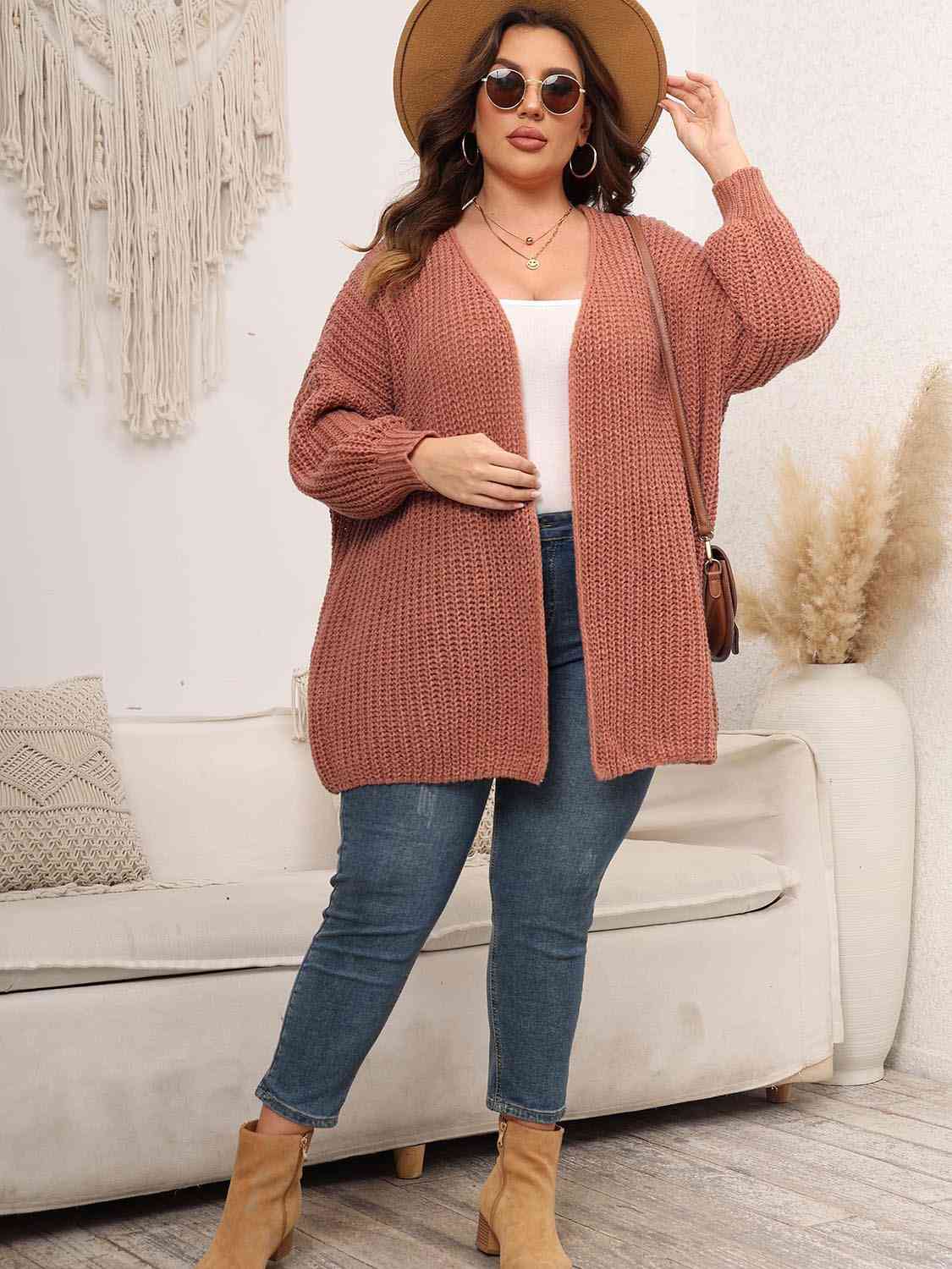 Plus Size Open Front Dropped Shoulder Knit Cardigan Fashion Sweater