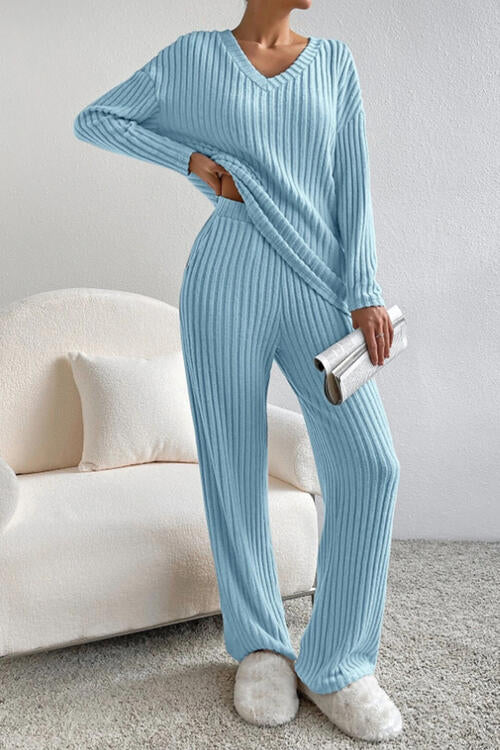 Women's comfortable Loungewear Set Pajamas  Ribbed V-Neck Top and Pants Set