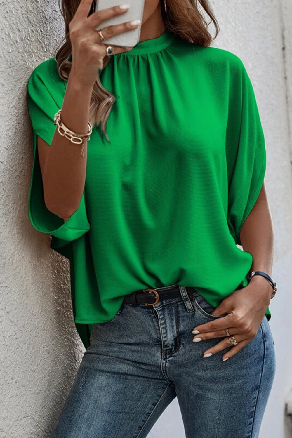 Tie Back Slit Half Sleeve Blouse Women's Solid Color Loose Fit Top