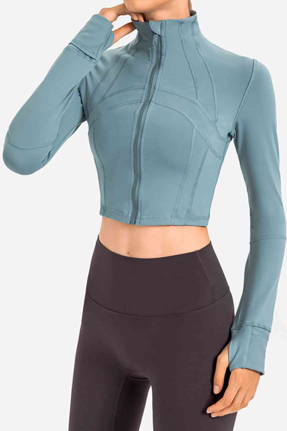 Womens Zip Front Cropped Sports Jacket with thumbhole Fashion Activewear Top