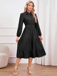 Womens Fashion Tie Neck Long Sleeve Tiered Midi Dress