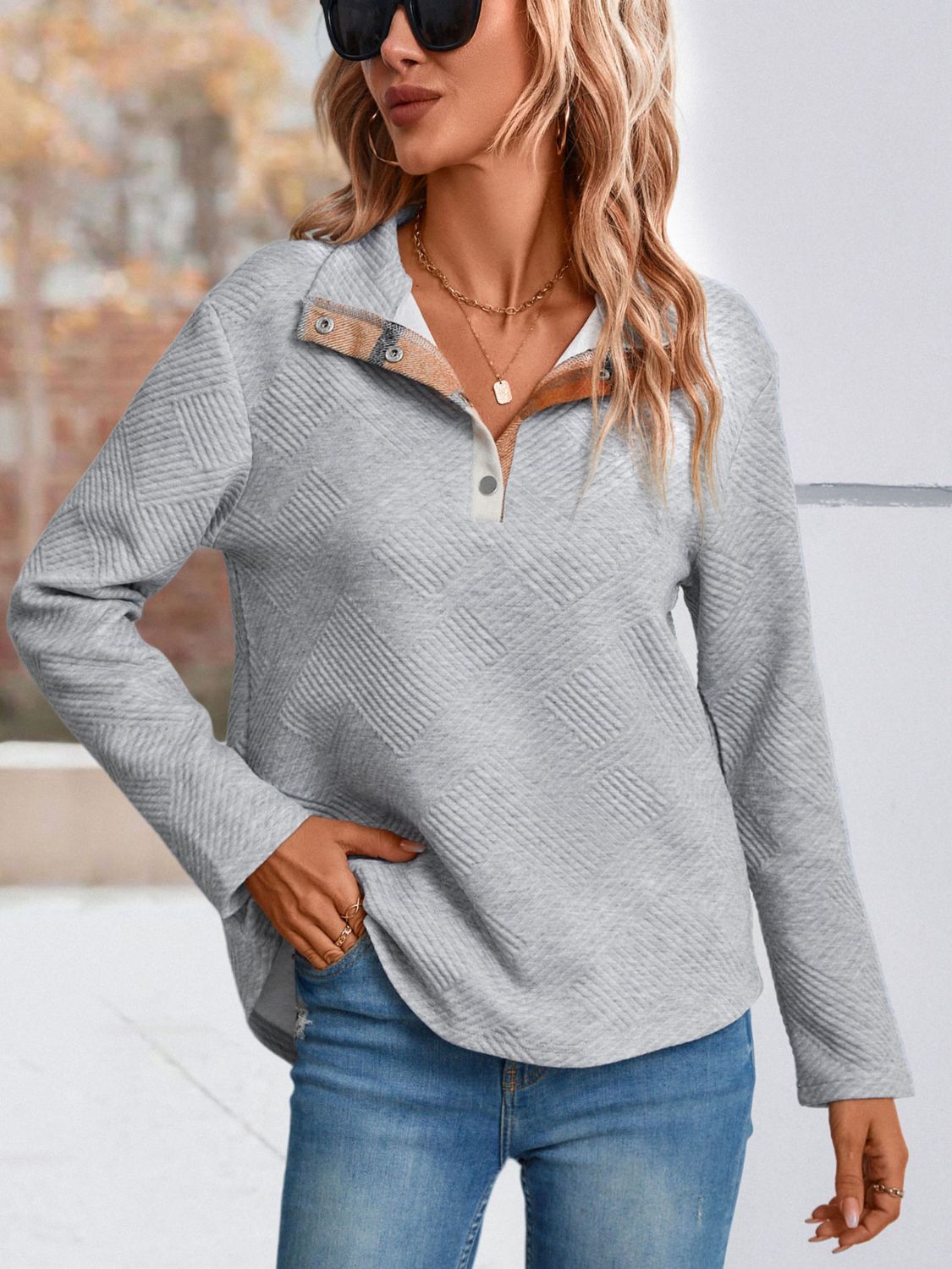 Women's Grey Fashion Sweater Spliced Plaid Quarter-Snap Mock Neck Top