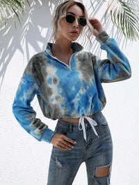 Women's Tie-Dye Sweater Cropped Quarter Zip Dropped Shoulder Fashion Sweatshirt