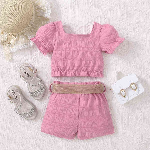 Kids Textured Bow Detail Top and Belted Shorts Set Baby Fashion Girls Babies Fashion and Gifts