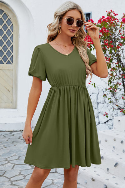 Womens V-Neck Balloon Short Sleeve Dress