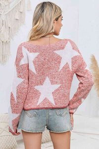 Womens 100% Cotton Fashion Sweater Star Pattern Long Sleeve Knit Top