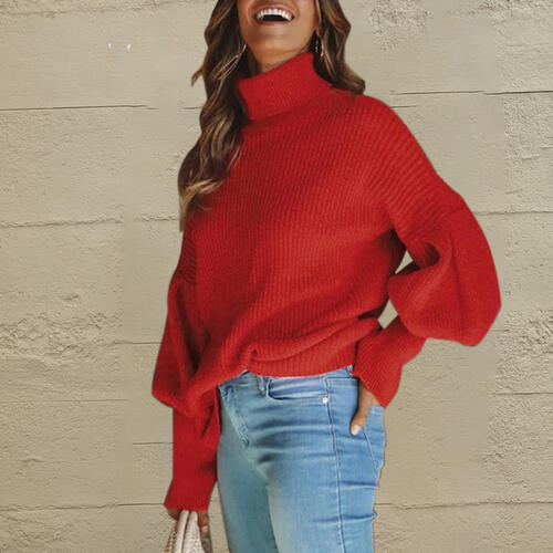 Turtleneck Lantern Sleeve Dropped Shoulder Puff Sleeve Fashion Sweater