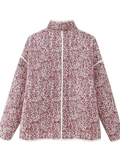 Women's Fashion Coat Floral Open Front Puffer Jacket with Pockets