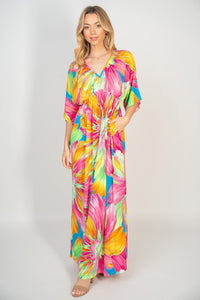 Colorful Short Sleeve Maxi Dress Women's Casual Printed V-Neck Maxi Dress with Pockets