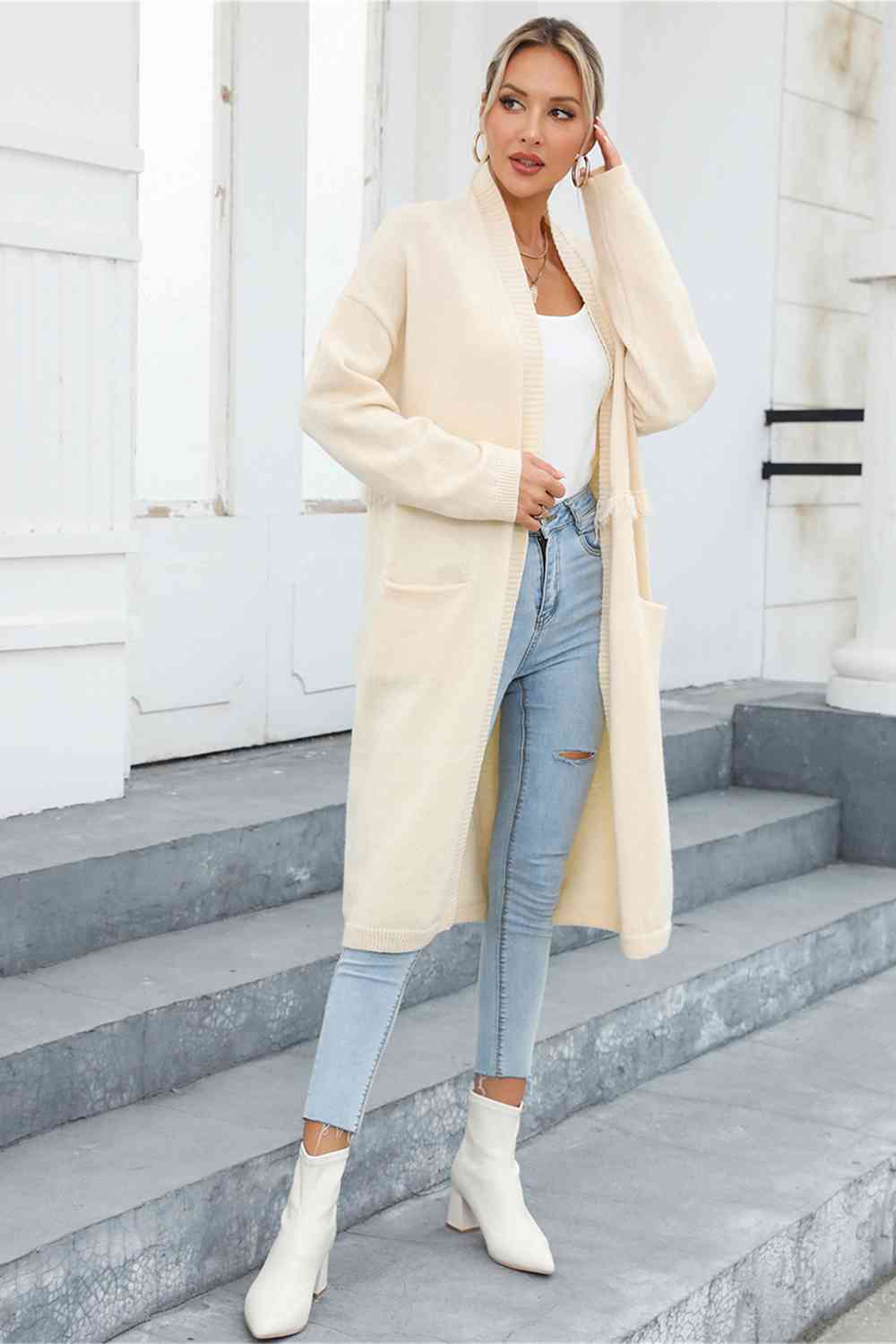 Womens Fashion Sweater Open Front Pocketed Long Cardigan