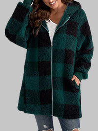 Checkered Plaid Zip-Up Hooded Jacket with Pockets