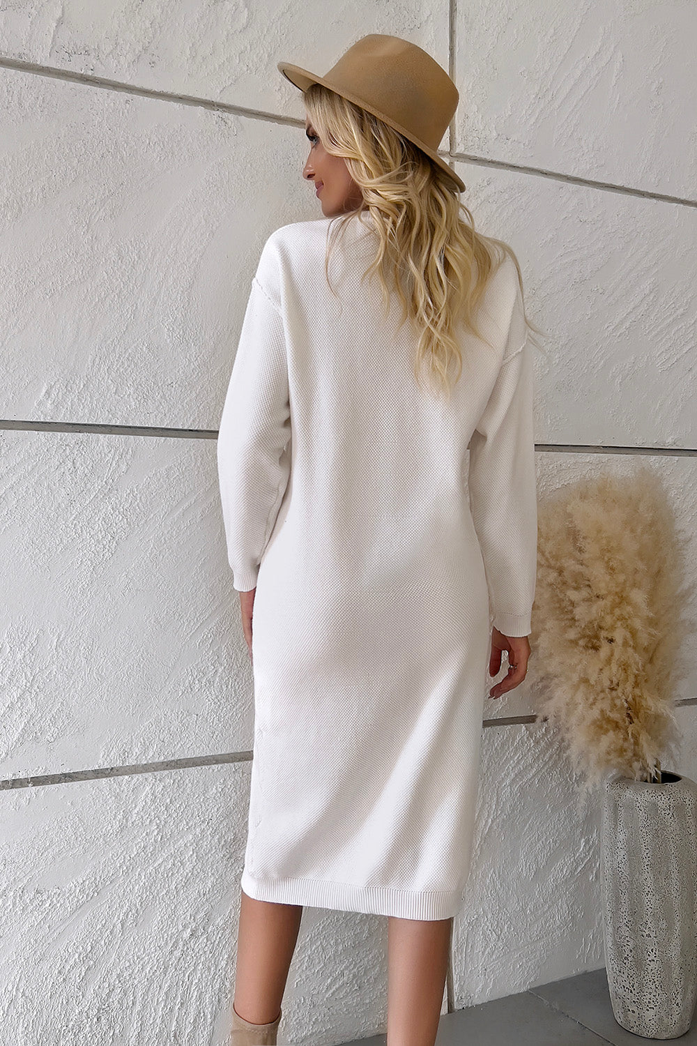 Buttoned Drop Shoulder Sweater Dress Casual Long Sleeve Dresses Loungewear