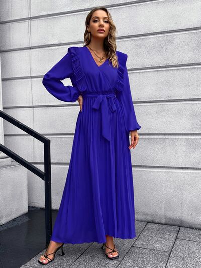 Long Sleeve Maxi Dress Pleated Surplice Waist Tie Midi