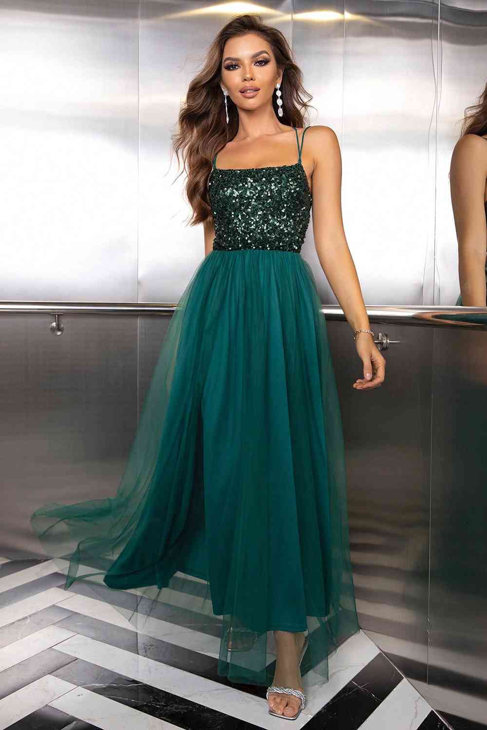 Sequin Maxi Formal Dress Lace-Up Backless Mesh Puff Skirt