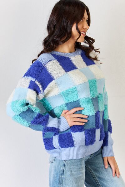 Checkered Round Neck Long Sleeve Fashion Sweater