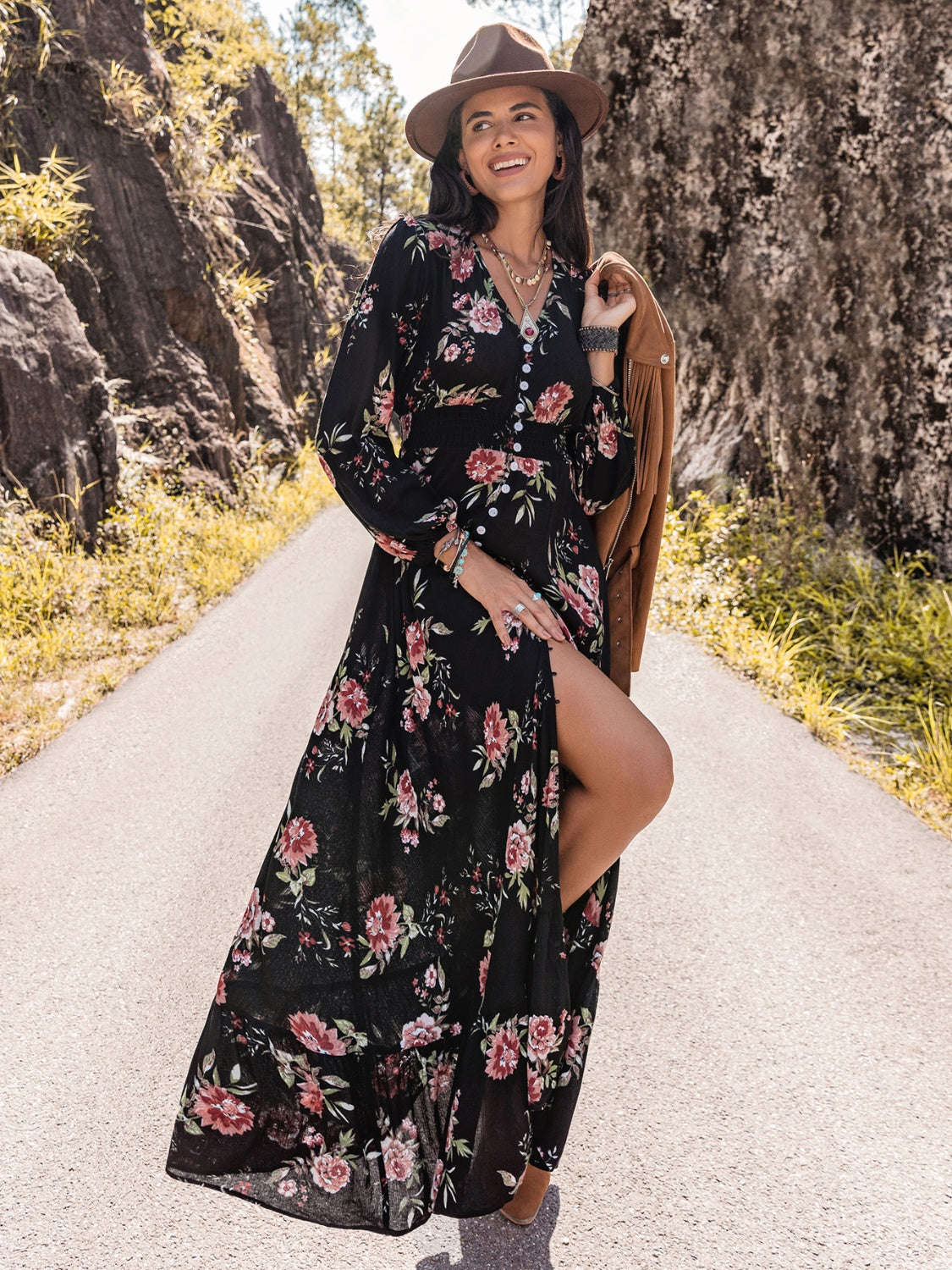 Floral V-Neck Split Long Sleeve Casual Maxi Dress