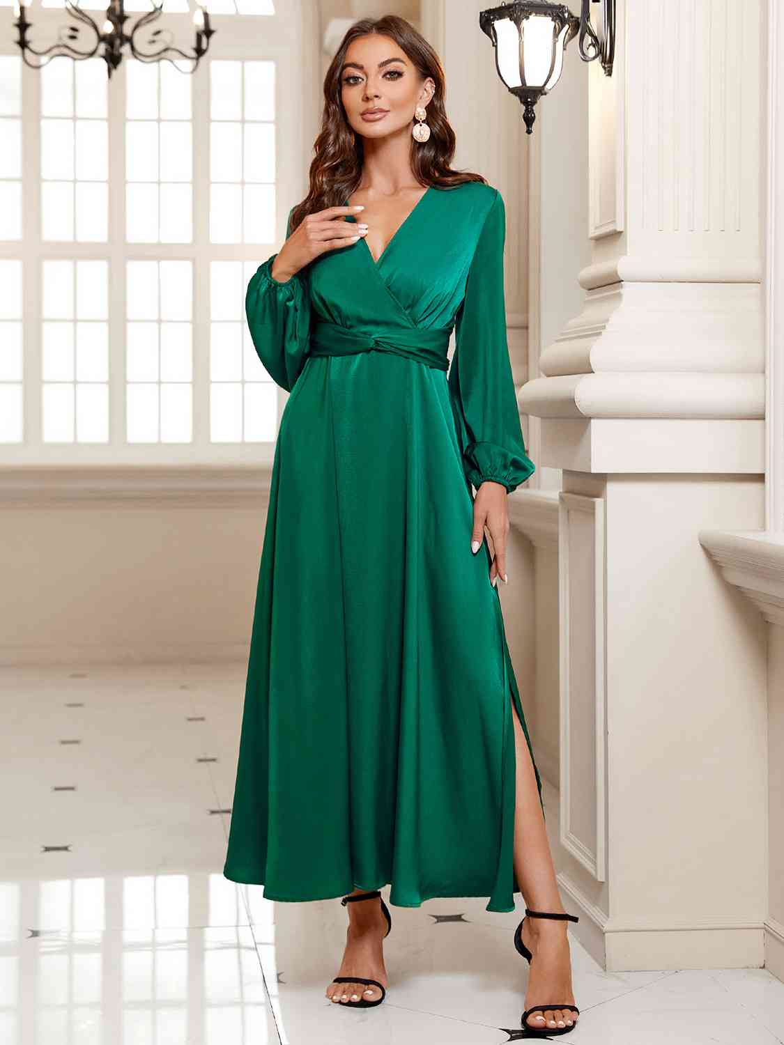 Womens Maxi Dress Tie Waist V Neckline Surplice Long Sleeve Slit Midi Dress