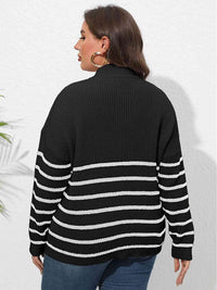 Plus Size Zip-Up Striped Sweater with heart print