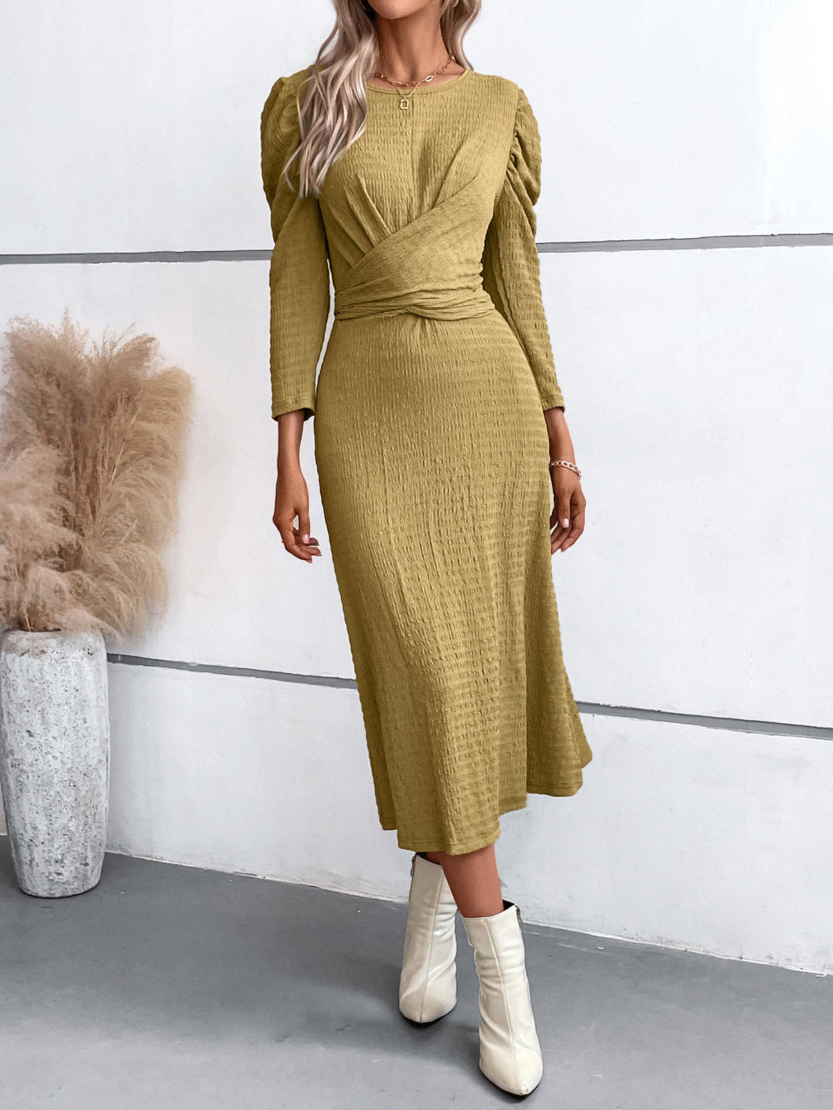 Crisscross Tied Puff  Casual Long Sleeve Midi Dress