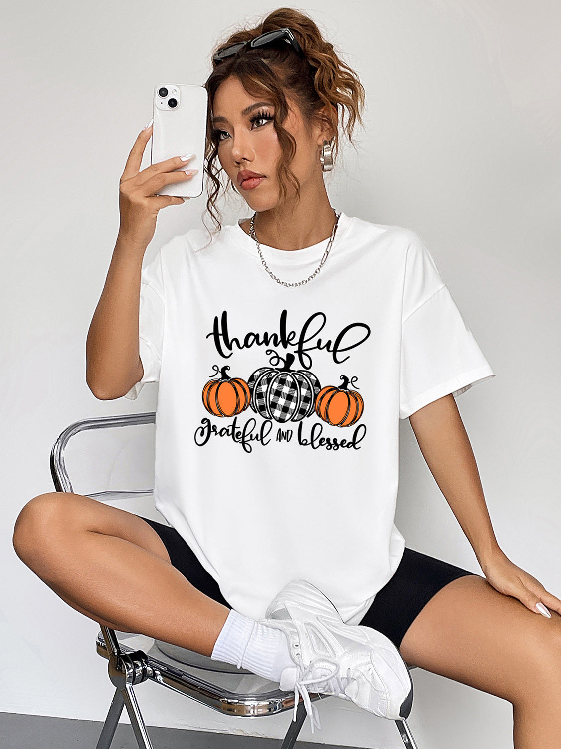 Round Neck Short Sleeve Fall Thanksgiving Season Graphic T-Shirt