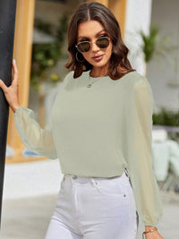 Solid Color Long Sleeve Shirt Women's Fashion Top Round Neck Balloon Sleeve Blouse