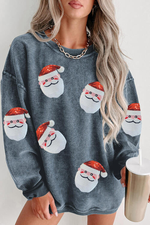 Sequin Santa Patch Ribbed Sweatshirt Holiday Christmas Sweater