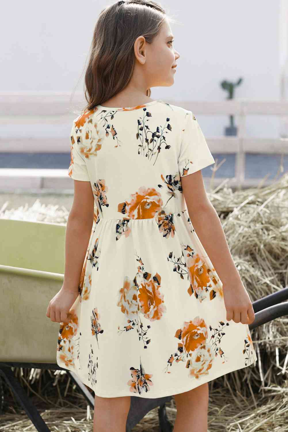 Girls Floral Short Sleeve Round Neck Dress Kids Fashion Clothing