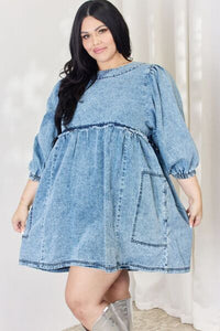 Women’s Oversized Denim Long Sleeve Babydoll Dress Full Size