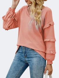 Women's Cotton Ruffled V-Neck Long Sleeve T-Shirt