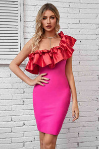 Women's Sexy Pink Ruffled One-Shoulder Tight Fit Bodycon Midi Dress