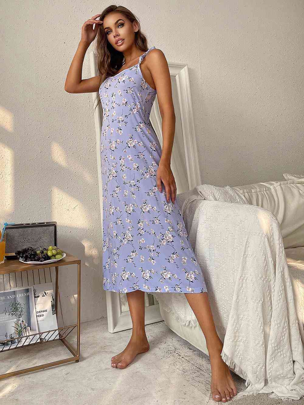 Women's Nightgown Printed Tie Shoulder Midi Night Dress Pajamas Loungewear