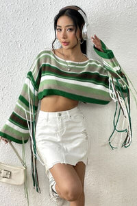 Crop Top Fringe Striped Round Neck Long Sleeve Knit Cropped Sweater