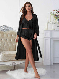 Women's Satin Pajamas V-Neck Cami Shorts and Belted Robe Pajama Set Real Satin